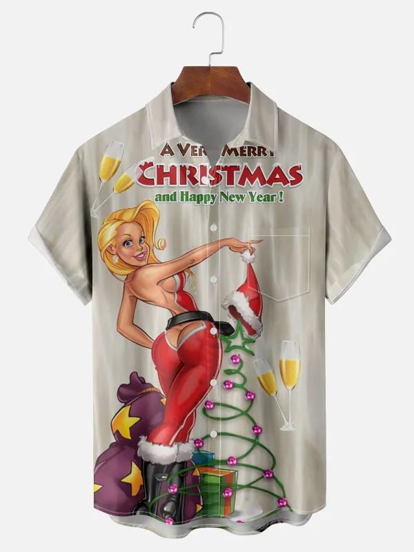 Tall Men's Merry Christmas Pin-Up Short Sleeve Shirt sold by Eleven Oasis