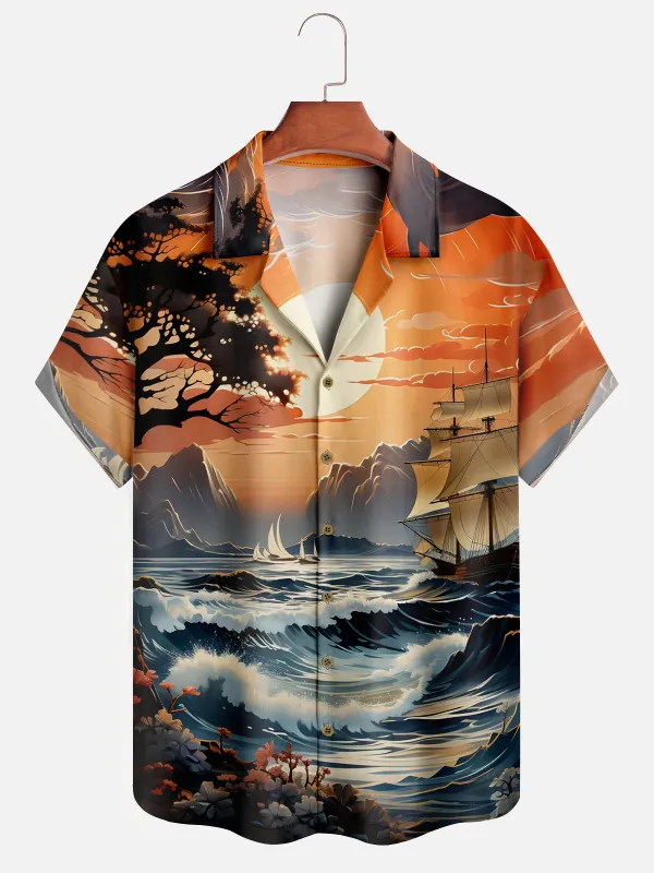 Tall Men's Sunset Tall Ship Seascape Short Sleeve Shirt sold by Eleven Oasis