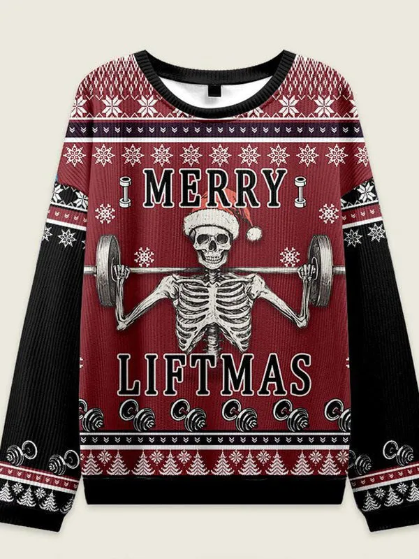 Merry Liftmas Skeleton Lifting Ugly Christmas Sweater sold by Eleven Oasis