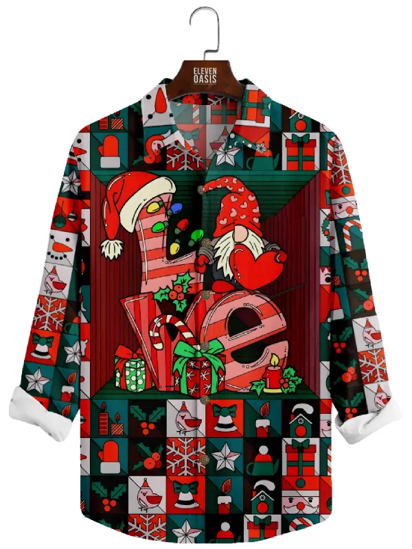 Men's Christmas Love Gnome Patchwork Long Sleeve Shirt sold by Eleven Oasis