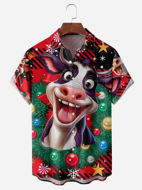 Men's Very Happy Christmas Cow Short Sleeve Shirt sold by Eleven Oasis
