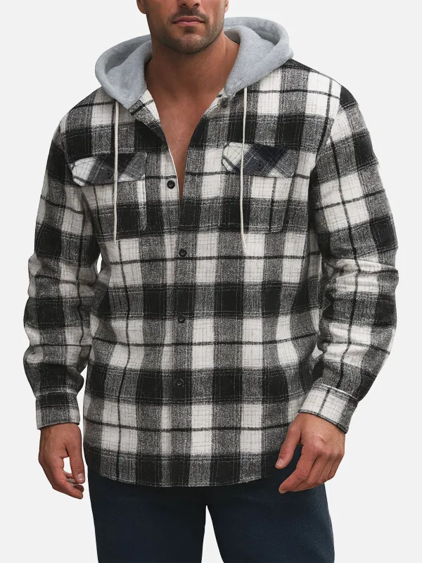 Men's Hooded Plaid Flannel Long Sleeve Shirt Jacket sold by Eleven Oasis