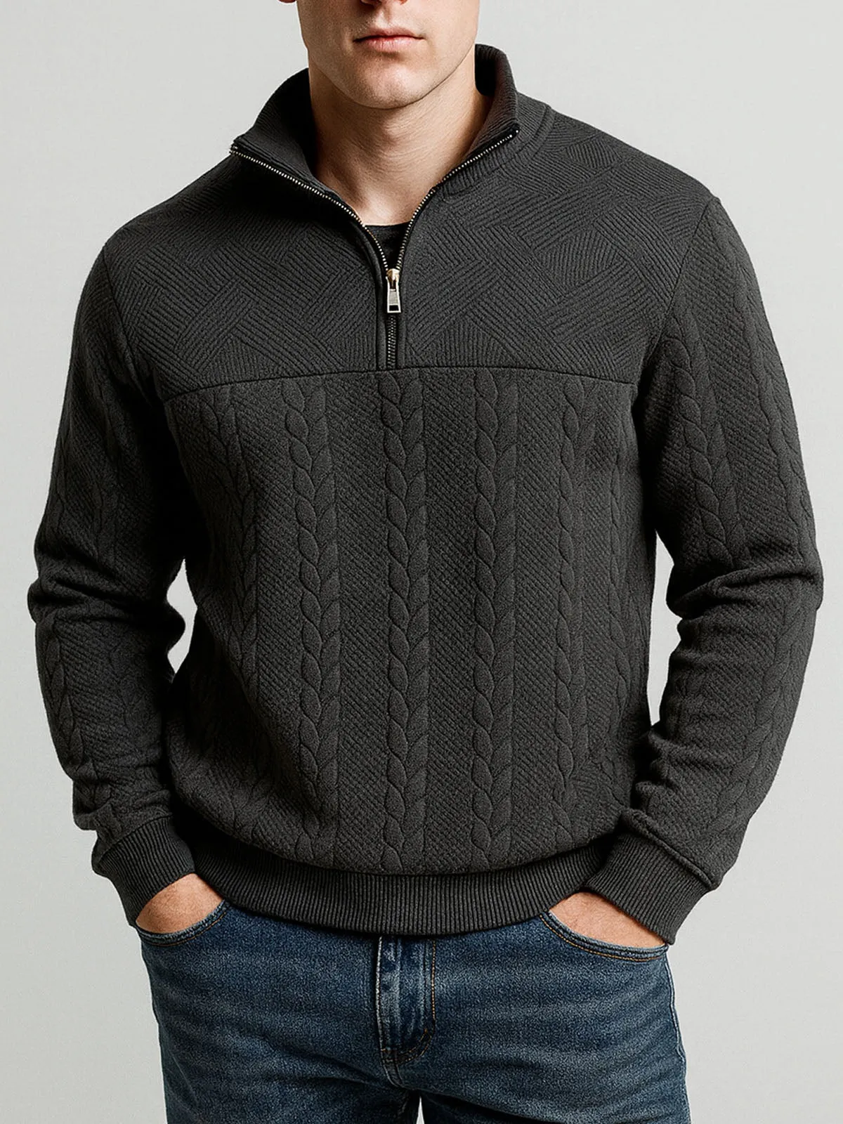 Men's Quarter-Zip Textured Pullover Sweatshirt sold by Eleven Oasis product image thumbnail 3