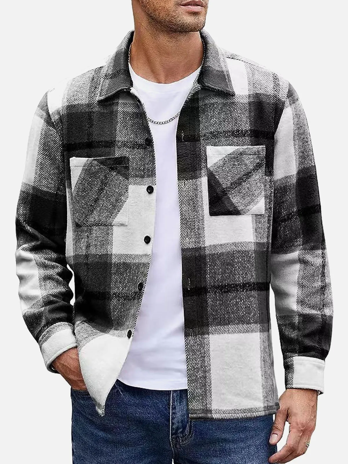 Men's Warm Plaid Button-Up Long Sleeve Shirt Jacket sold by Eleven Oasis