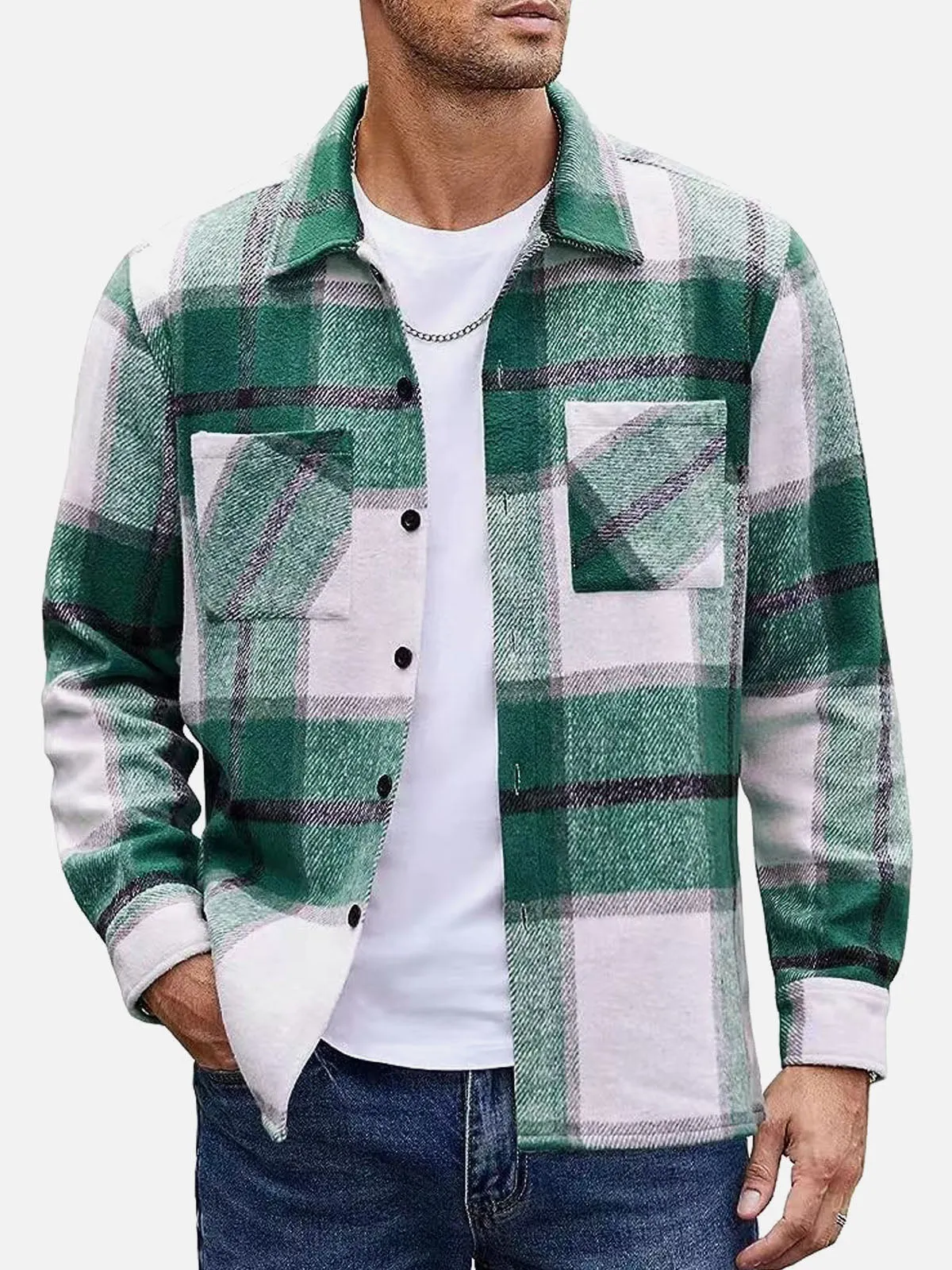 Men's Warm Plaid Button-Up Long Sleeve Shirt Jacket sold by Eleven Oasis product image thumbnail 5