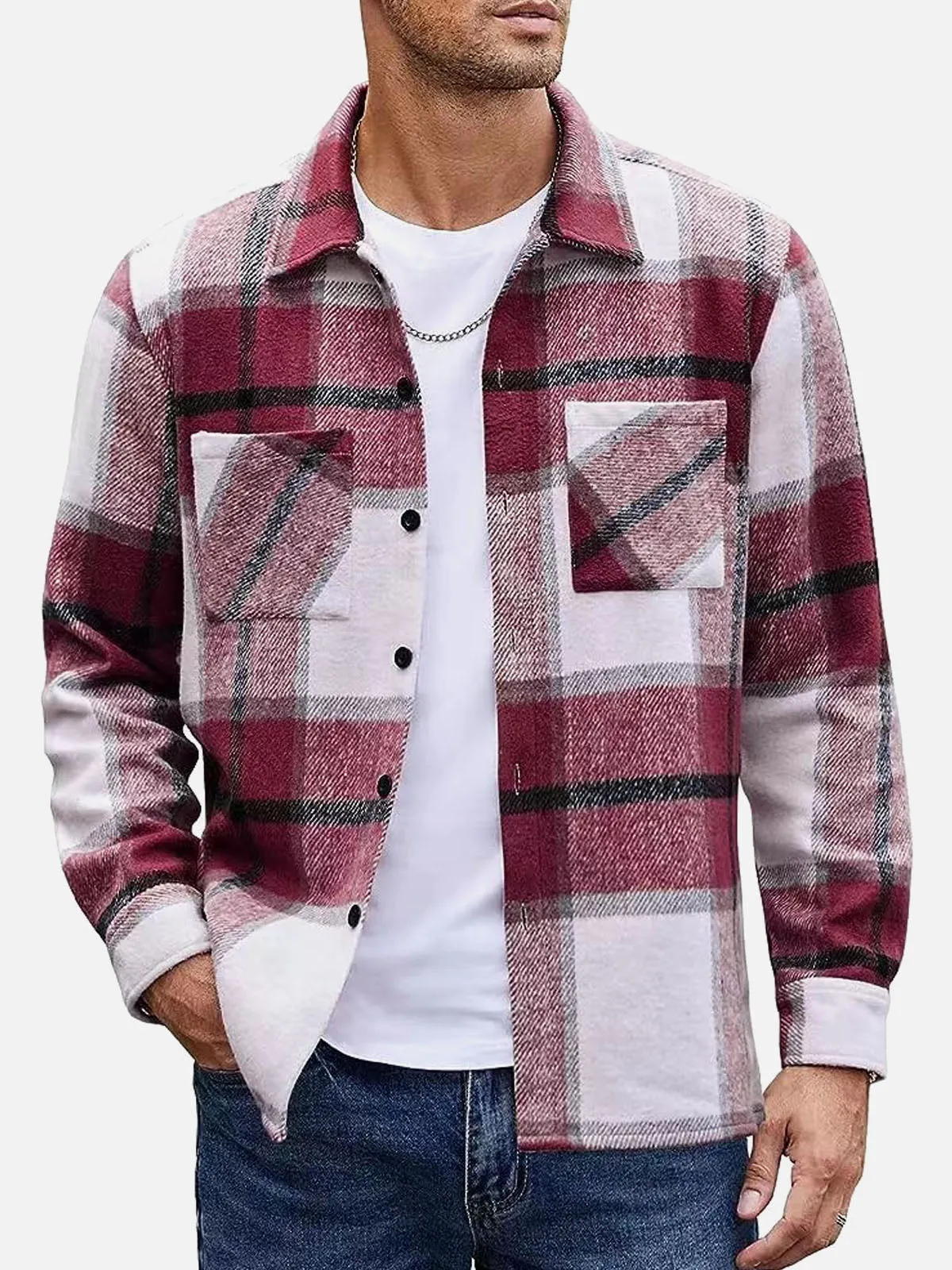 Men's Warm Plaid Button-Up Long Sleeve Shirt Jacket sold by Eleven Oasis product image thumbnail 4