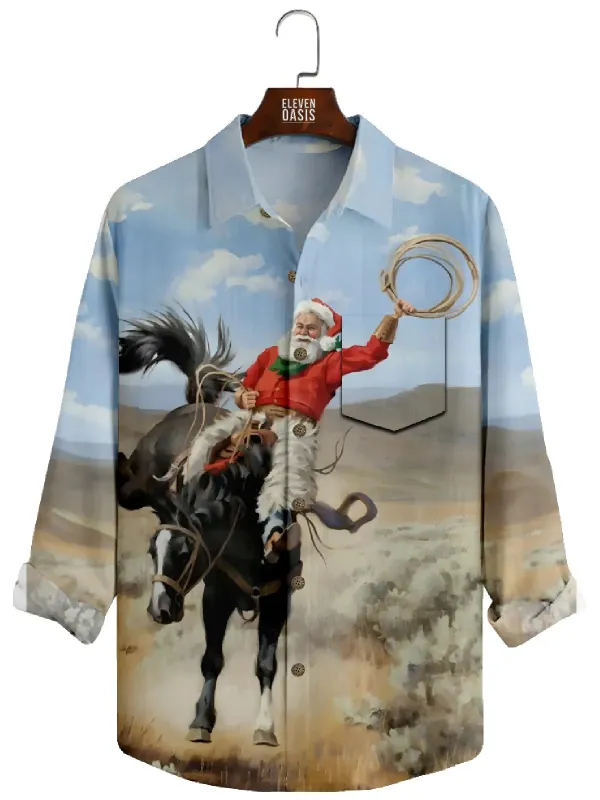 Men's Santa Cowboy Christmas Long Sleeve Shirt sold by Eleven Oasis