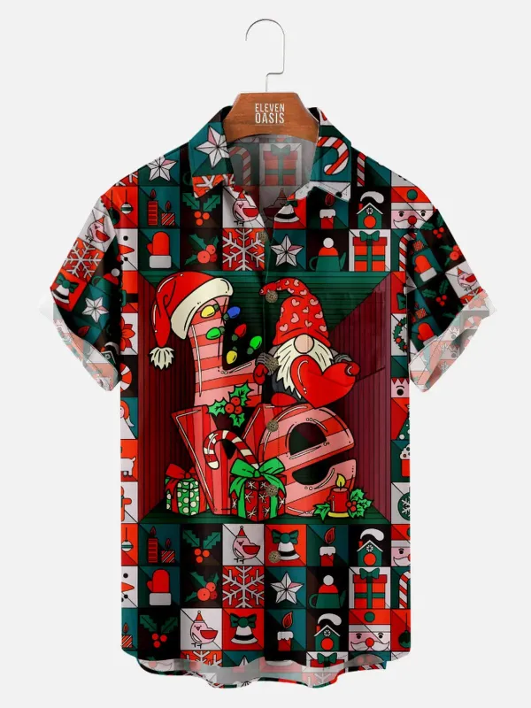 Men's Christmas Love Gnome Patchwork Short Sleeve Shirt sold by Eleven Oasis