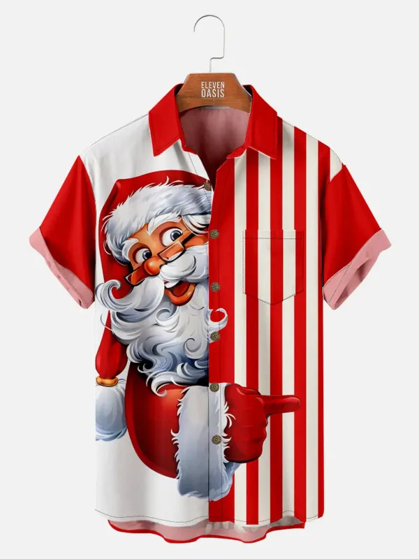 Men's Santa Claus Candy Cane Striped Christmas Short Sleeve Shirt sold by Eleven Oasis