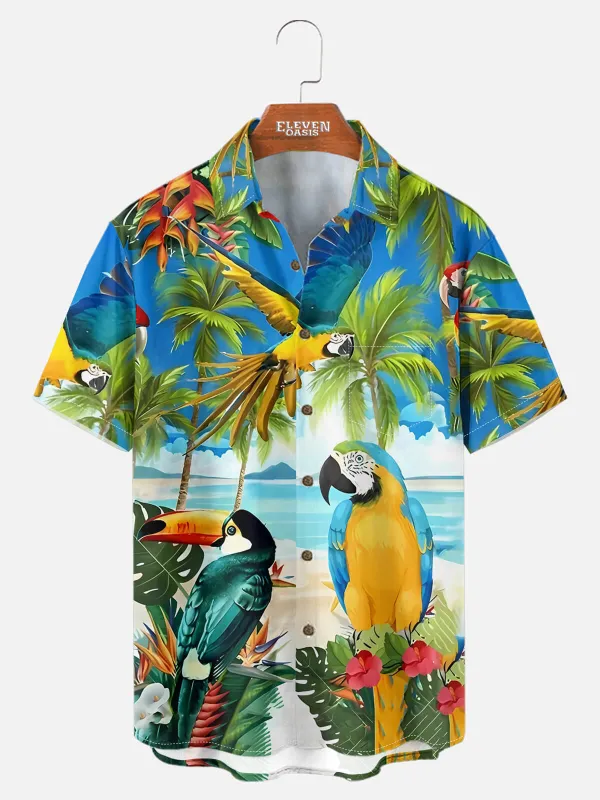 Men's Tropical Parrot Print Short Sleeve Shirt sold by Eleven Oasis