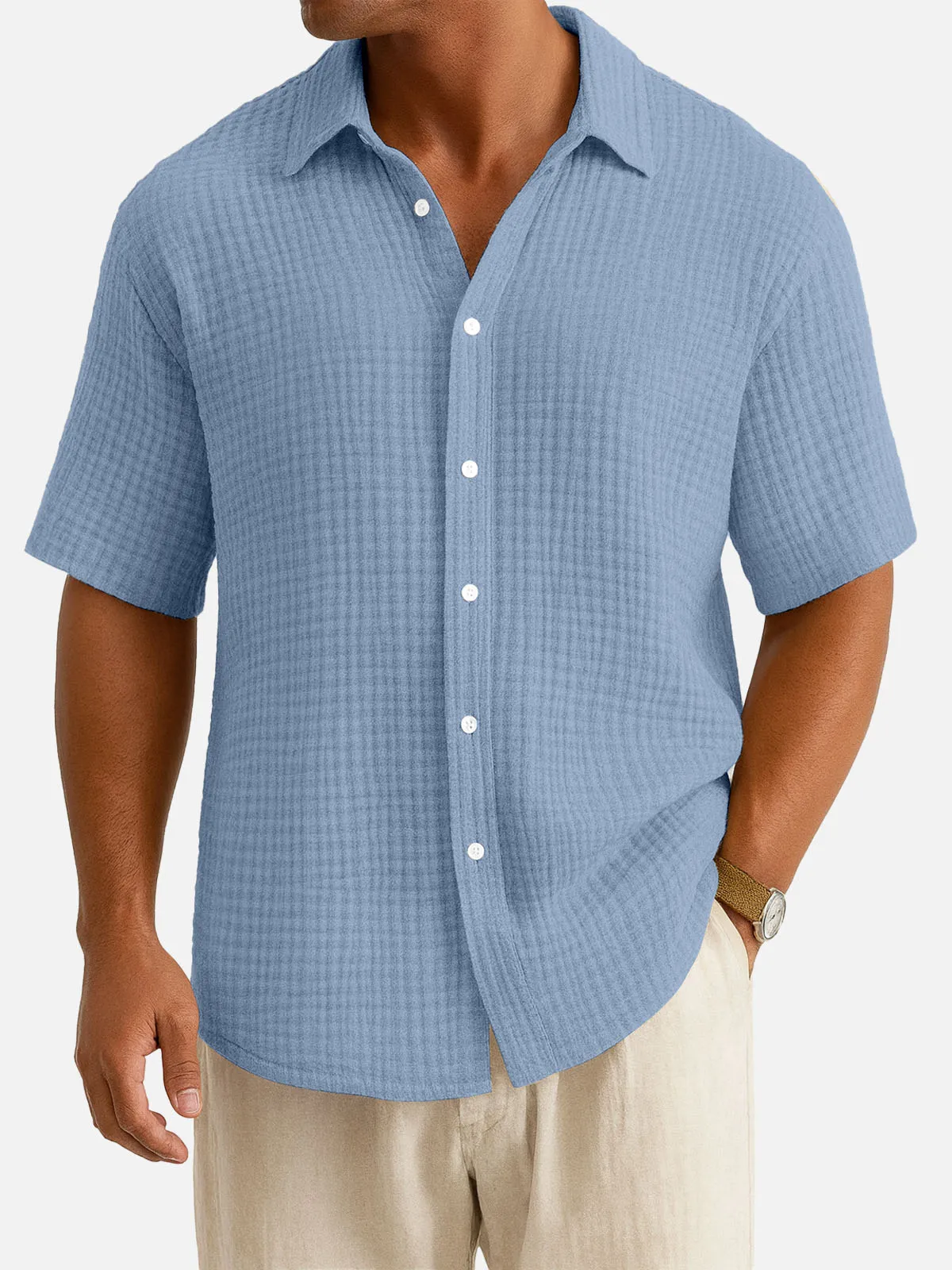 Men's Cotton Waffle Texture Short Sleeve Shirt sold by Eleven Oasis product image thumbnail 2