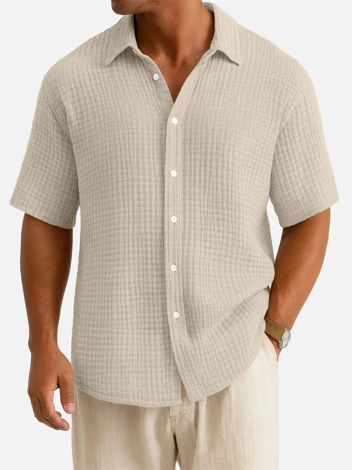 Men's Cotton Waffle Texture Short Sleeve Shirt sold by Eleven Oasis product image thumbnail 4