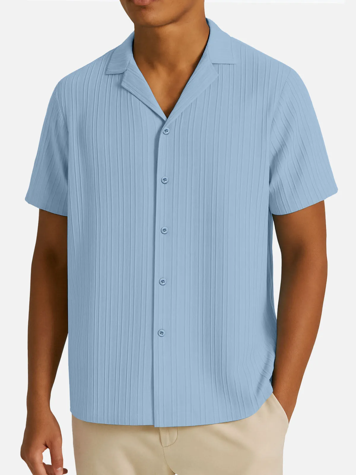 Men's Camp Collar Textured Stripes Short Sleeve Shirt sold by Eleven Oasis