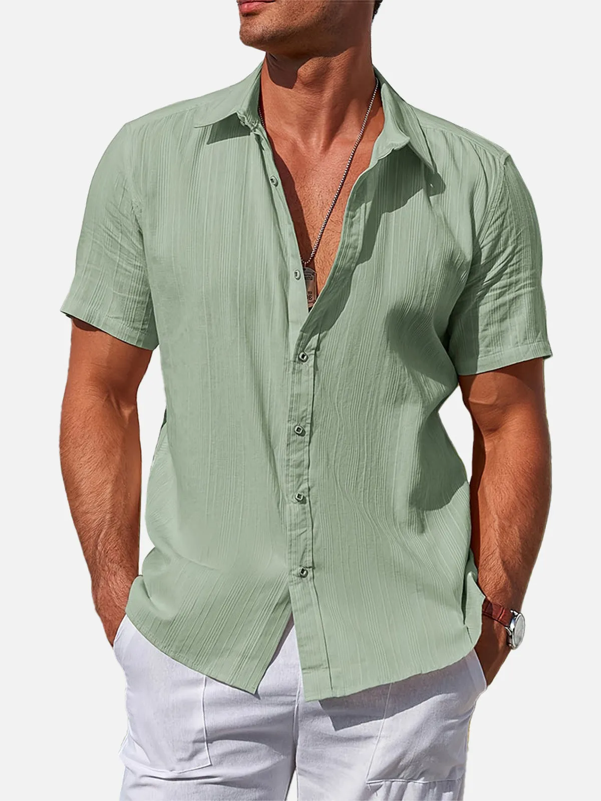 Men's Striped Textured Cotton Short Sleeve Shirt sold by Eleven Oasis