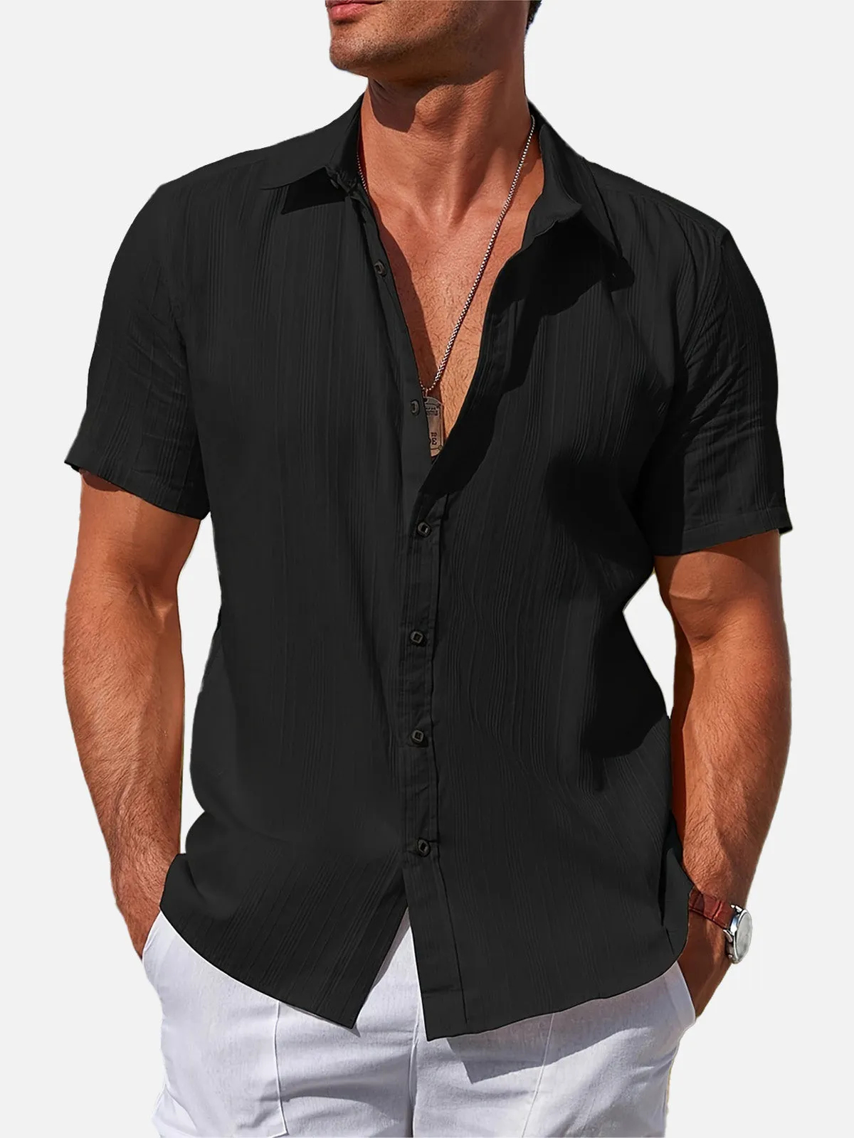 Men's Striped Textured Cotton Short Sleeve Shirt sold by Eleven Oasis product image thumbnail 4