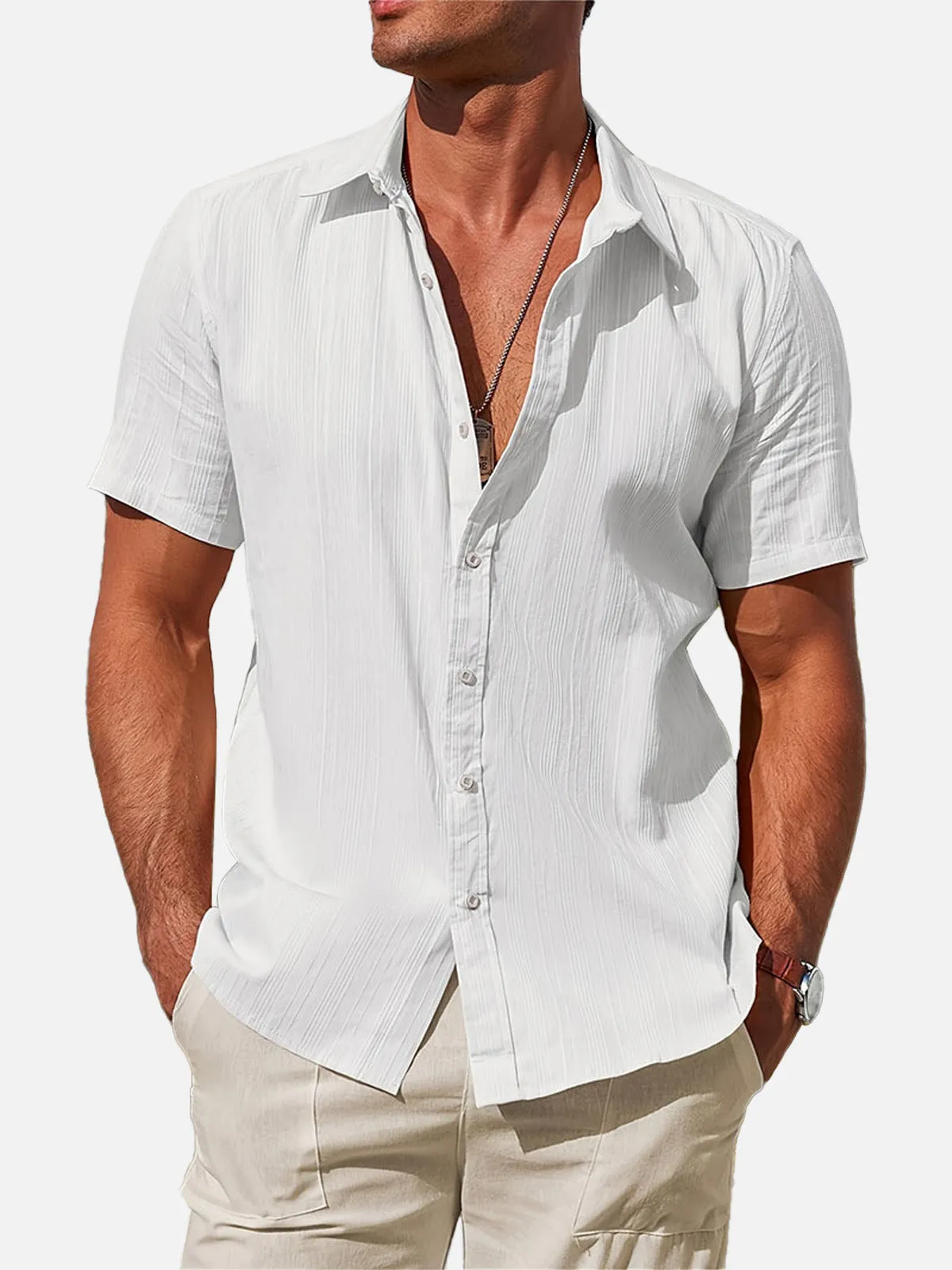 Men's Striped Textured Cotton Short Sleeve Shirt sold by Eleven Oasis product image thumbnail 5