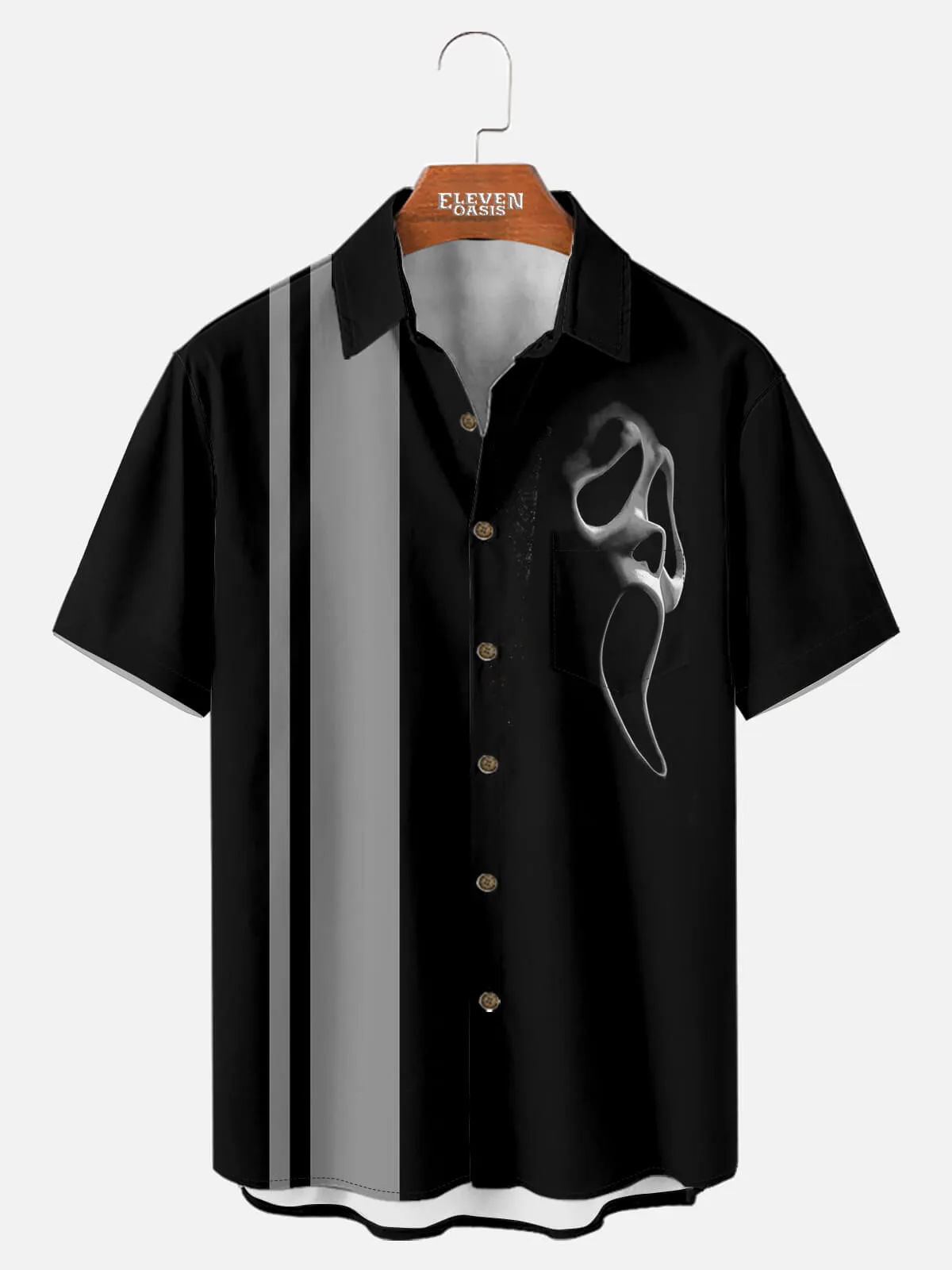 Men's Ghost Face Stripe Halloween Short Sleeve Shirt sold by Eleven Oasis
