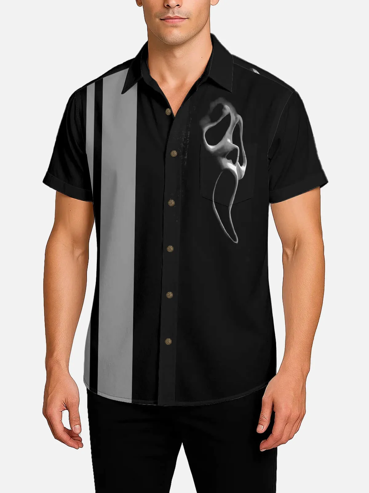 Men's Ghost Face Stripe Halloween Short Sleeve Shirt sold by Eleven Oasis product image thumbnail 2