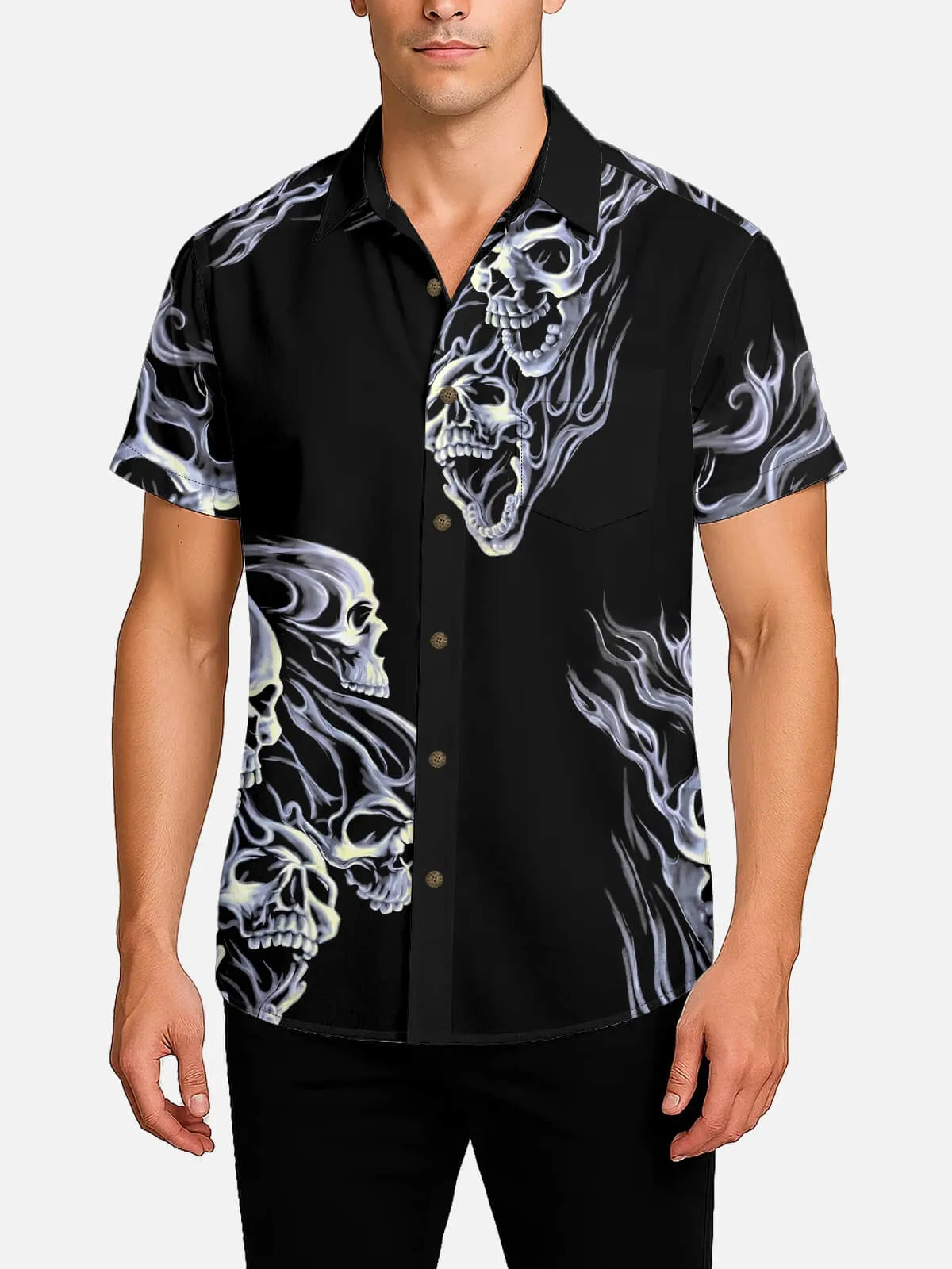 Men's Flaming Skulls Halloween Short Sleeve Shirt sold by Eleven Oasis product image thumbnail 2