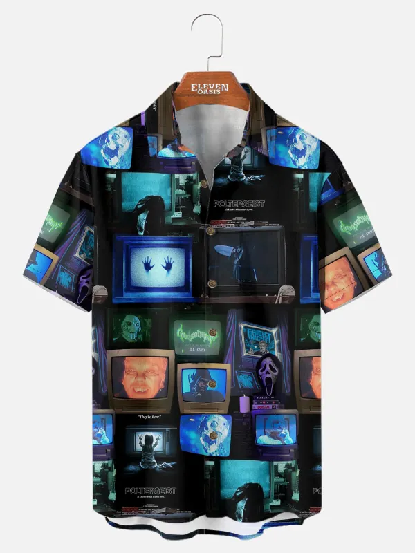 Men's Horror Movies TV Screens Collage Short Sleeve Shirt sold by Eleven Oasis