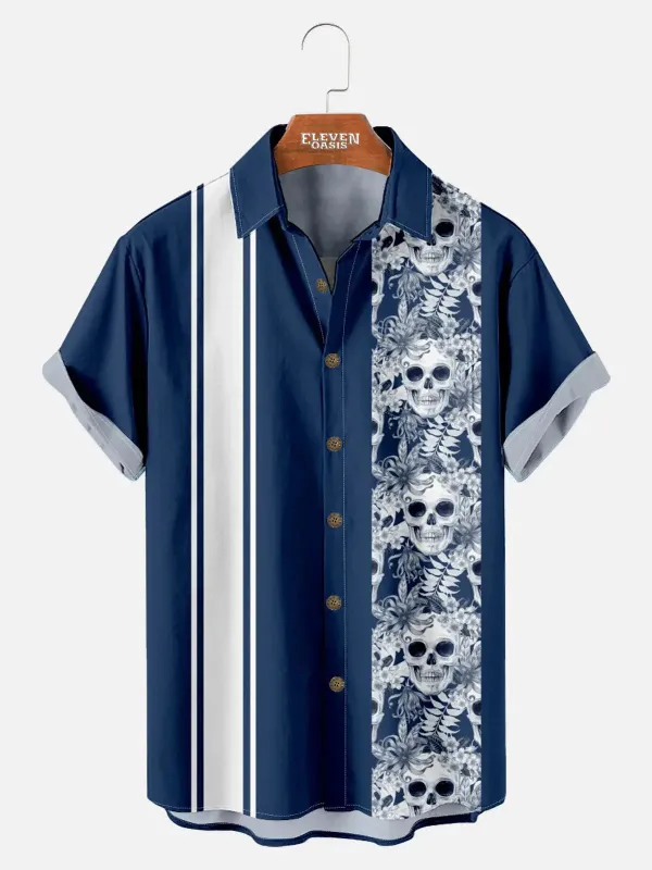 Tall Men's Striped with Floral Skulls Casual Short Sleeve Shirt sold by Eleven Oasis
