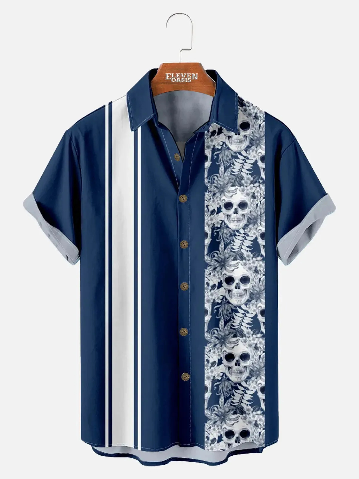 Tall Men's Striped with Floral Skulls Casual Short Sleeve Shirt sold by Eleven Oasis