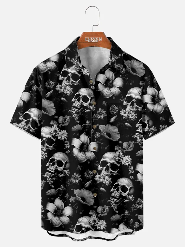 Men's Skull and Floral Print Short Sleeve Shirt sold by Eleven Oasis