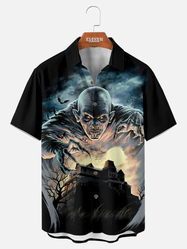 Men's Vampire Haunted Mansion Halloween Short Sleeve Shirt sold by Eleven Oasis