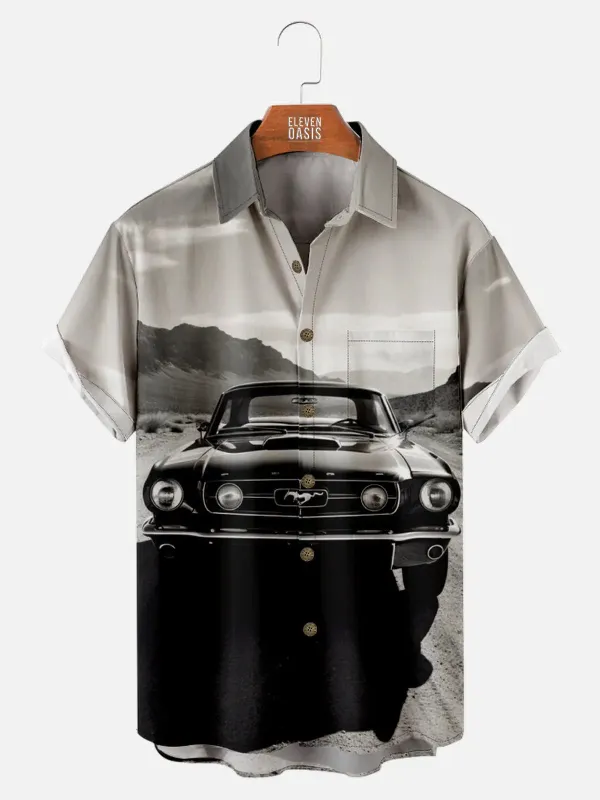 Tall Men's Black and White Mustang in the Desert Short Sleeve Shirt sold by Eleven Oasis