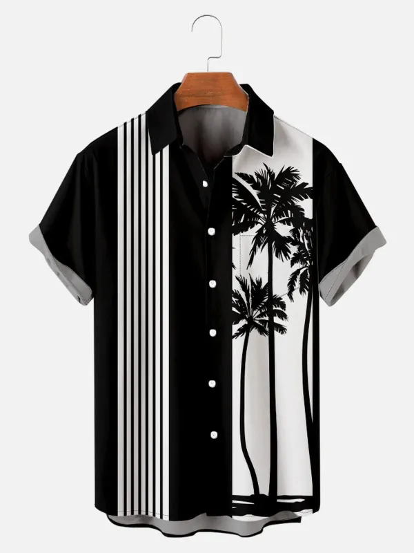 Men's Palm Trees Striped Bowling Short Sleeve Shirt sold by Eleven Oasis