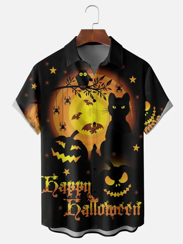 Men's Halloween Moon and Cat Short Sleeve Shirt sold by Eleven Oasis