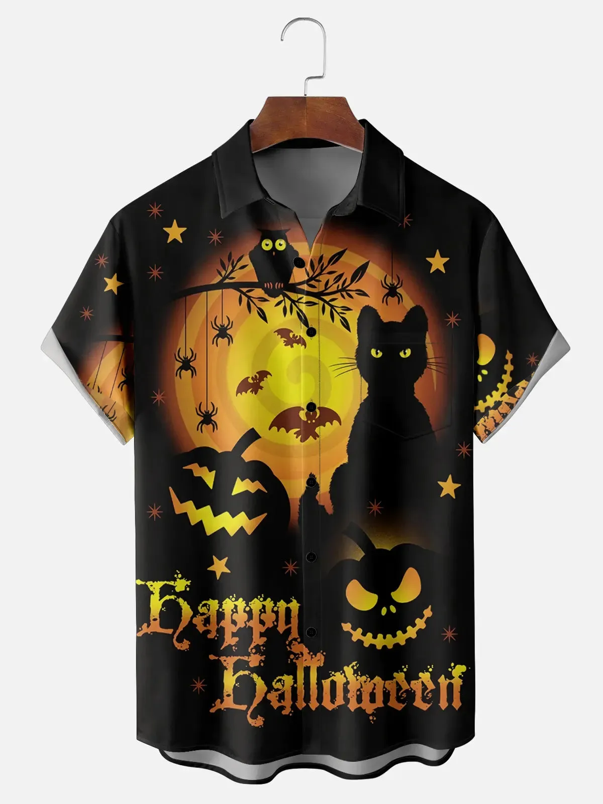 Men's Halloween Moon and Cat Short Sleeve Shirt sold by Eleven Oasis