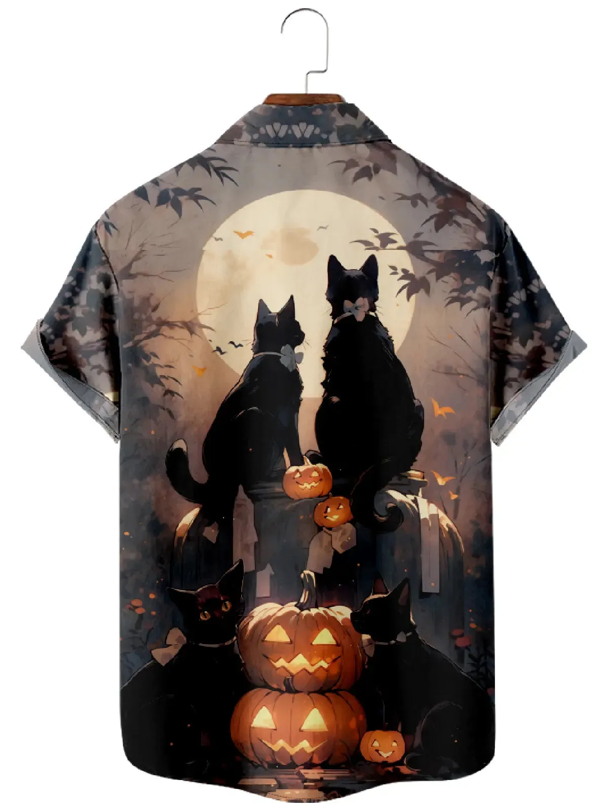 Men's Halloween Black Cats and Pumpkins Short Sleeve Shirt sold by Eleven Oasis product image thumbnail 2