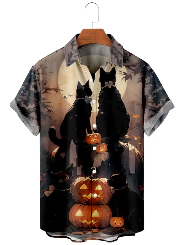 Men's Halloween Black Cats and Pumpkins Short Sleeve Shirt sold by Eleven Oasis