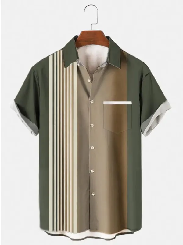 Men's Army Green Color-Block Vintage Short Sleeve Shirt sold by Eleven Oasis