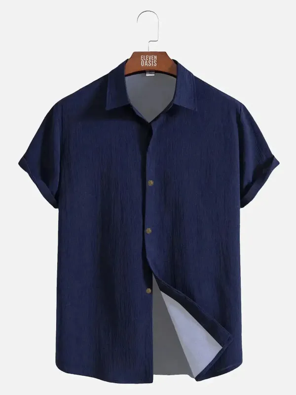 Men's Casual Linen-Feel Printed Solid Color Button Short Sleeve Shirt sold by Eleven Oasis