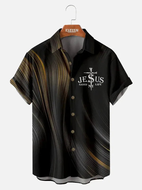Men's Cross Emblem Jesus Saved My Life Short Sleeve Shirt sold by Eleven Oasis