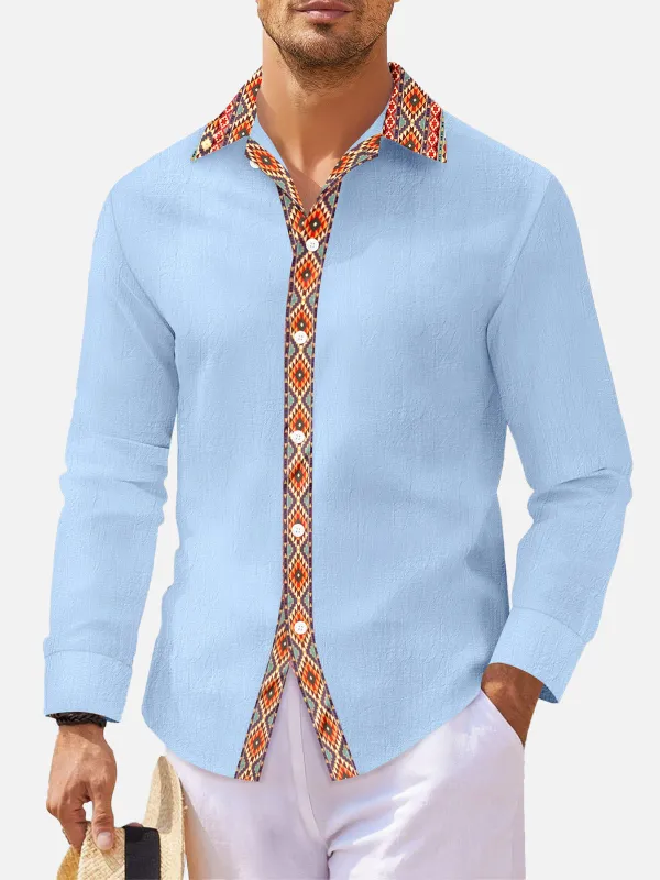 Men's Geometric Trim Linen Blend Long Sleeve Shirt sold by Eleven Oasis