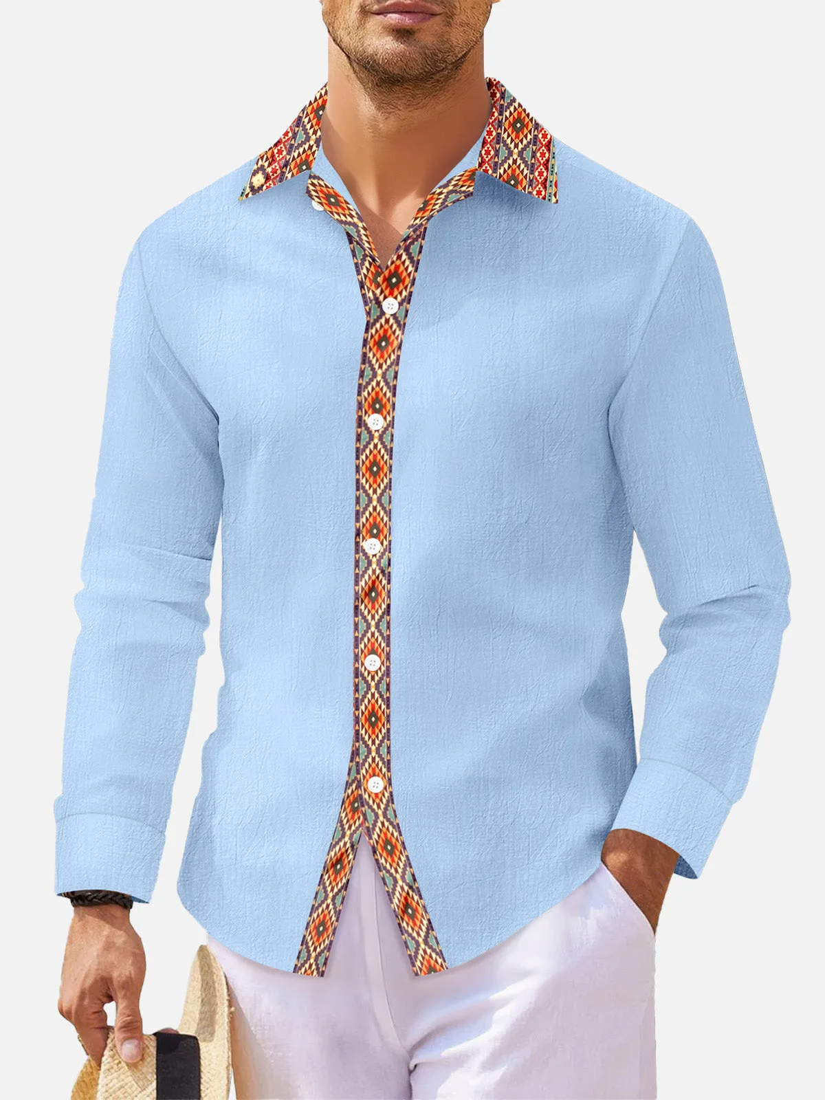 Men's Geometric Trim Linen Blend Long Sleeve Shirt sold by Eleven Oasis