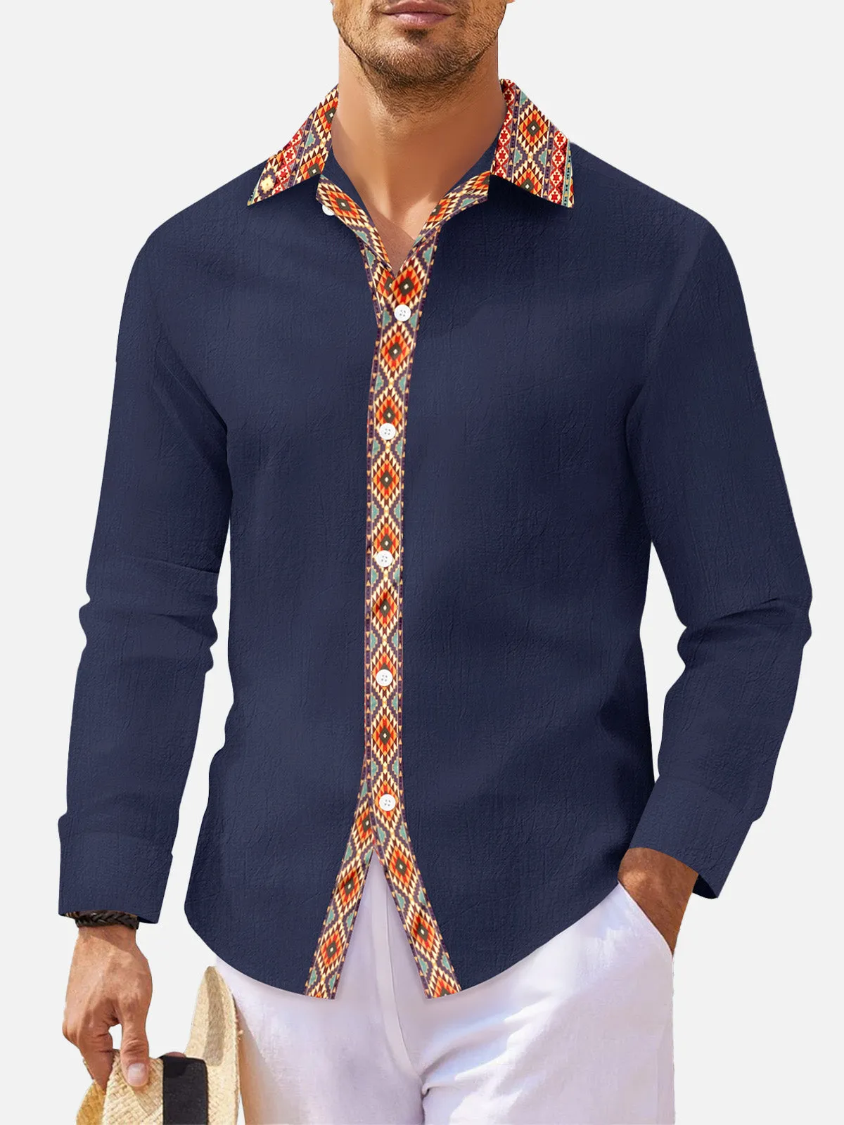 Men's Geometric Trim Linen Blend Long Sleeve Shirt sold by Eleven Oasis product image thumbnail 5