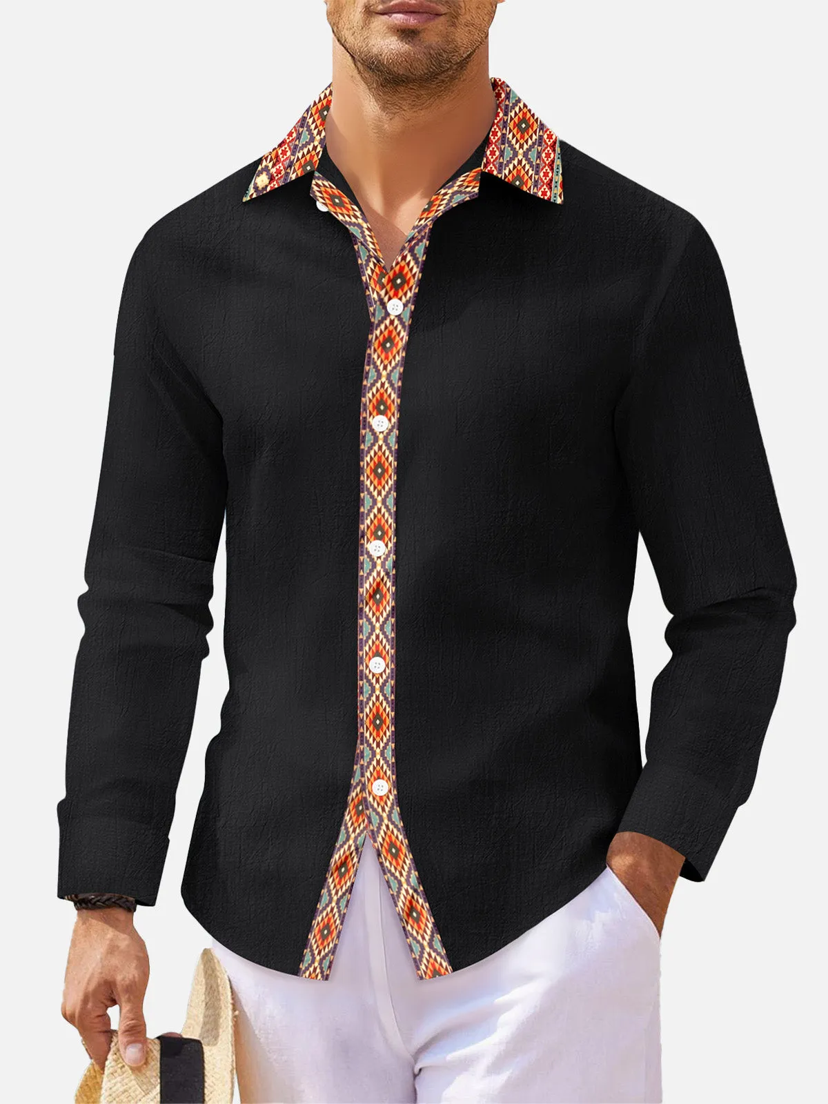 Men's Geometric Trim Linen Blend Long Sleeve Shirt sold by Eleven Oasis product image thumbnail 4