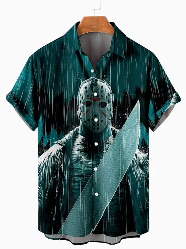 Men's Friday the 13th Jason Rain Scene Short Sleeve Shirt sold by Eleven Oasis