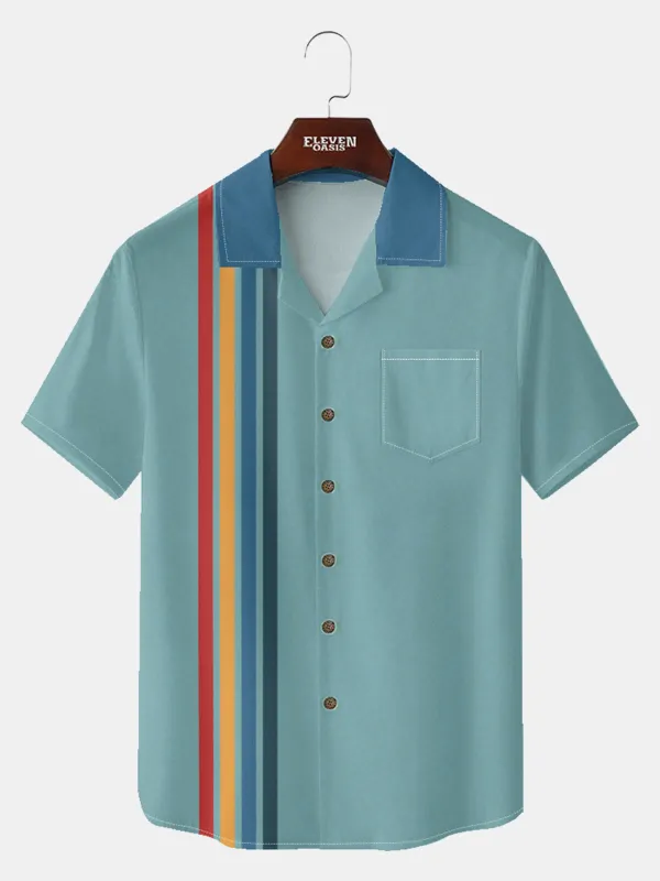 Men's Multi-Colored Stripes Bowling Short Sleeve Shirt sold by Eleven Oasis