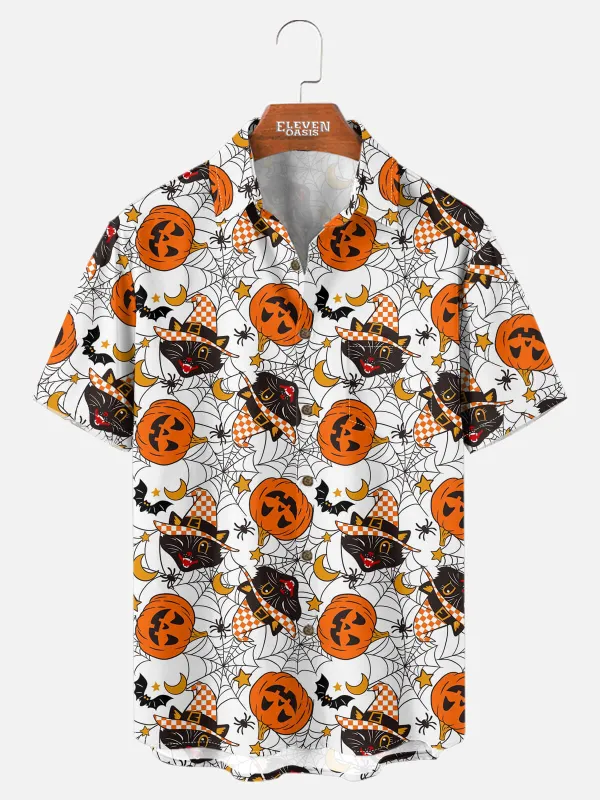 Men's Halloween Cats and Pumpkins Short Sleeve Shirt sold by Eleven Oasis