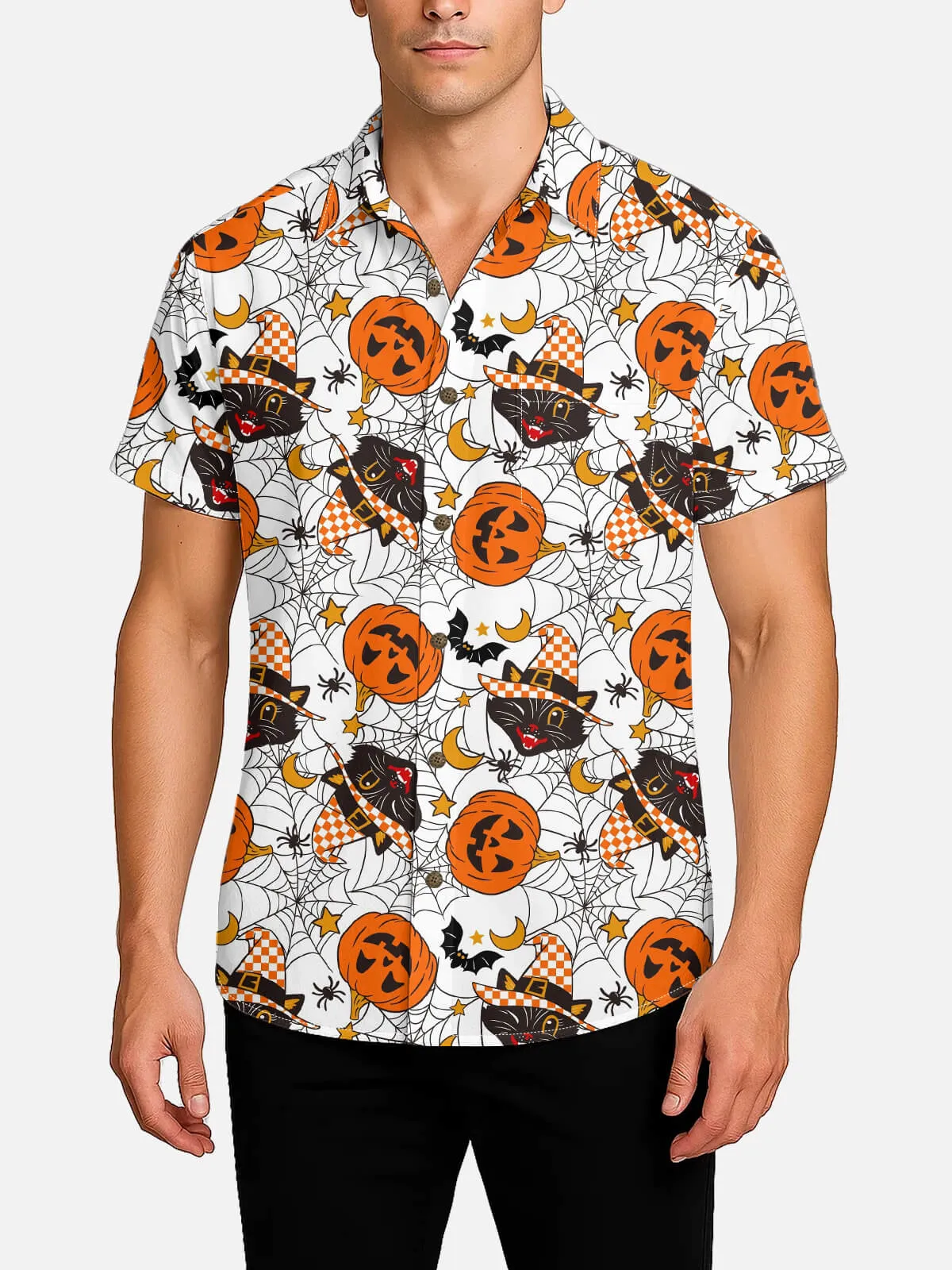 Men's Halloween Cats and Pumpkins Short Sleeve Shirt sold by Eleven Oasis product image thumbnail 2