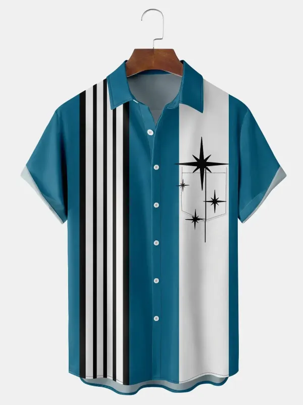 Tall Men's Striped with Space-Age Stars Casual Short Sleeve Shirt sold by Eleven Oasis
