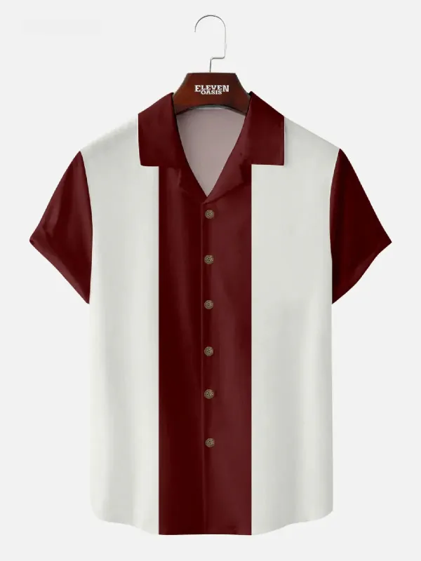 Tall Men's Vintage Color Block Panel Stripe Camp Collar Short Sleeve Shirt sold by Eleven Oasis