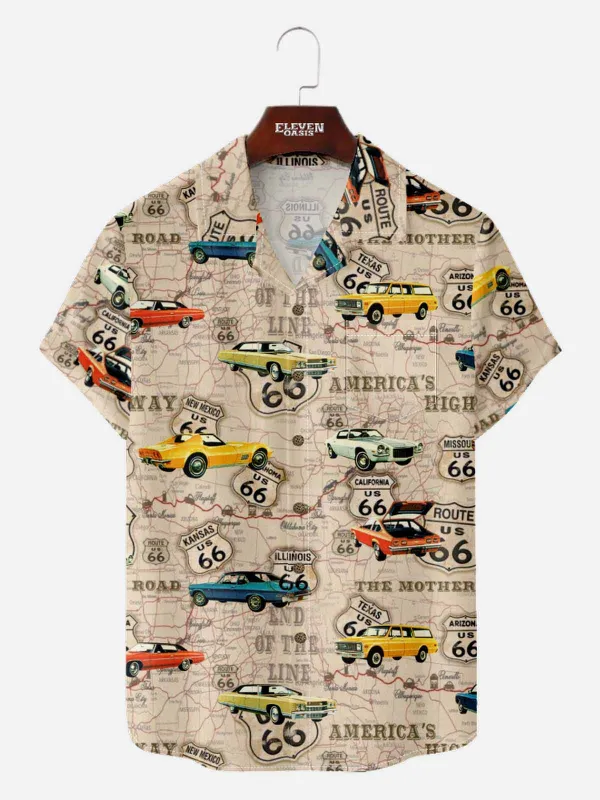 Tall Men's Route 66 Classic Car Map Short Sleeve Shirt sold by Eleven Oasis