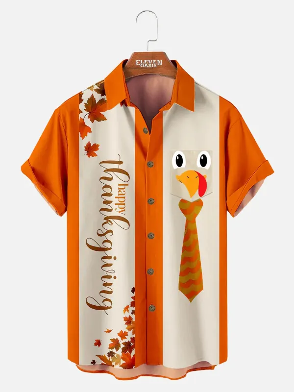 Men's Happy Thanksgiving Turkey Tie Stripe Short Sleeve Shirt sold by Eleven Oasis