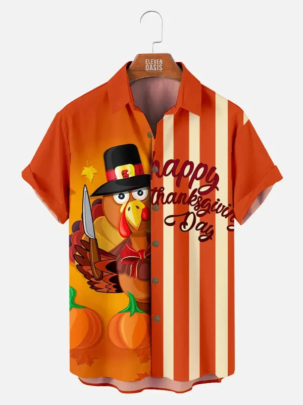 Men's Happy Thanksgiving Turkey Stripe Short Sleeve Shirt sold by Eleven Oasis